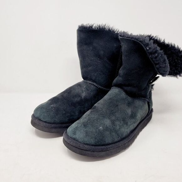UGG Bailey Button Bling Boots Womens 7 Black Suede Sheepskin Lined Shoes WORN - Picture 6 of 13